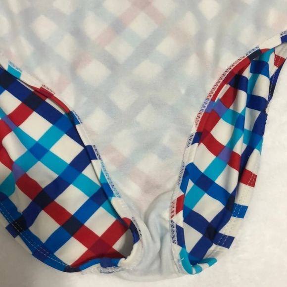 Girls One Piece Swimsuit Blue Red Plaid Crisscross Back Cute Swimwear - Picture 5 of 5